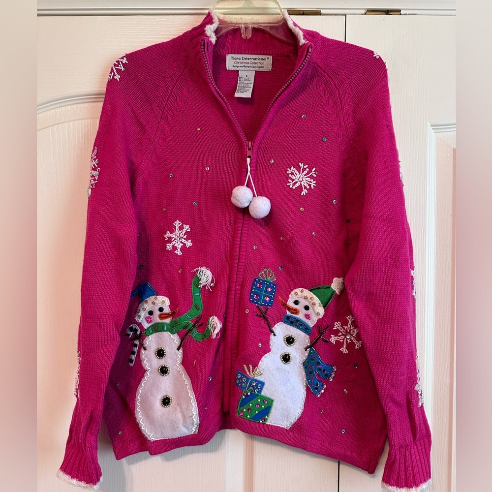 Tiara International Vintage Christmas Sweater Zipper Front Excellent Condition